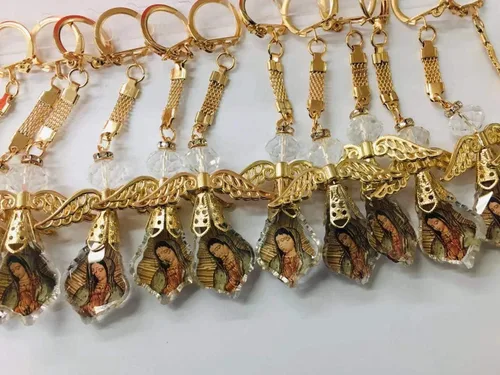 CLGIFT 12 llaveros con diamantes de imitación, ángel de la dama de Guadalupe, favores de bautizo para la primera comunión, recuerditos de bautizo,
