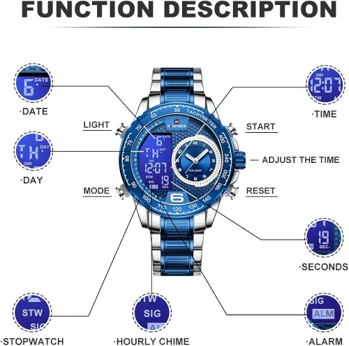 Miniatura 4 de NAVIFORCE Reloj para hombre reloj de cuarzo digital de doble pantalla multifuncional de acero inoxidable