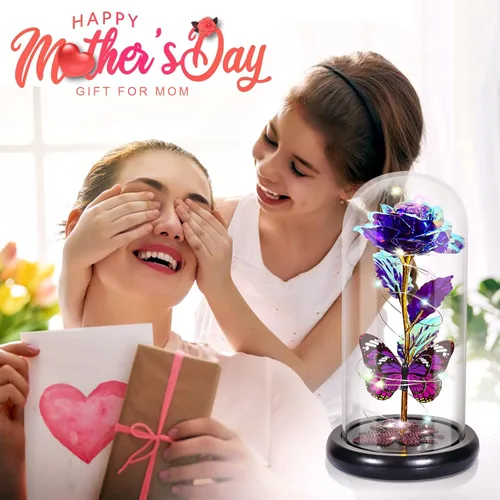 Miniatura 3 de Regalo de cumpleaños para el día de la madre para mamá de hija, hijo, rosa morada, flor eterna iluminada en cúpula de cristal con mariposa, regalos