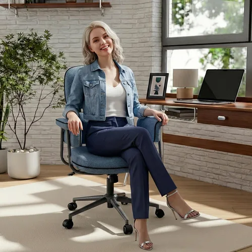 Miniatura 6 de HomeZeer Silla de oficina azul con cojín de espuma viscoelástica, silla de oficina de tela con ruedas y brazos, silla de escritorio moderna