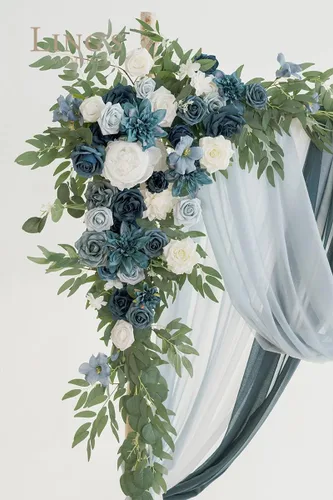 Miniatura 4 de Ling's moment Kit de flores de arco de boda con cortinas transparentes, arreglos florales artificiales azul polvoriento y azul marino para telón