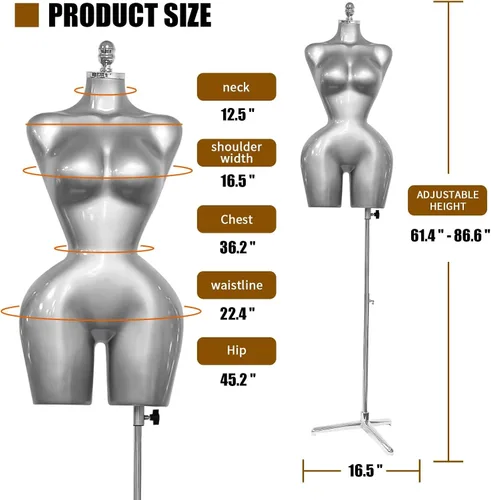 Miniatura 4 de Torso de maniquí femenino plateado, 61.4 a 86.6 pulgadas de altura ajustable con base de soporte de metal, adecuado para exhibición de ropa y joyas