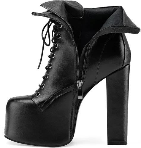 Miniatura 6 de Perisis Botines de plataforma de tacón alto grueso para mujer, botines de tacón con cordones de cuero a la moda con cremalleras