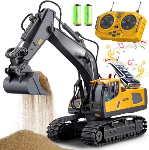 Samtop Juguetes de excavadora con control remoto, vehículos de construcción RC de 11 canales 1:20, juguetes de coche hidráulicos de rotación 680°