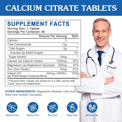 Miniatura 2 de Suplemento de citrato de calcio de 1200 mg con vitamina D3 para mujeres y hombres - Suplemento de calcio y magnesio zinc D3 para huesos, dientes