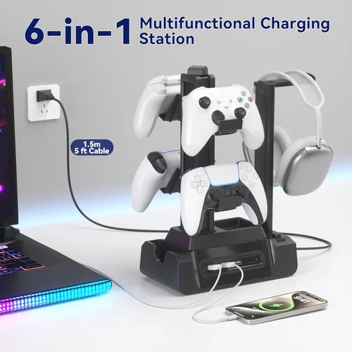 Miniatura 8 de KDD Estación de carga para múltiples dispositivos - Base de carga de 4 puertos con controlador y soporte para auriculares - 3 USB A y 1 USB C