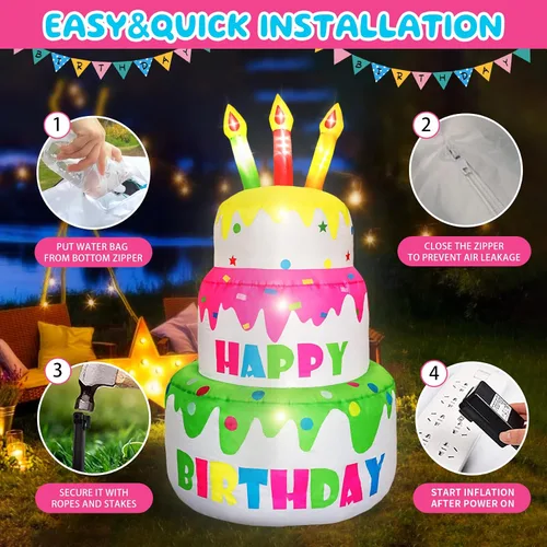 Miniatura 5 de Pastel de cumpleaños inflable personalizado de 4 pies de alto con nombre de purpurina, pastel de cumpleaños grande con velas iluminadas, 6 luces LED