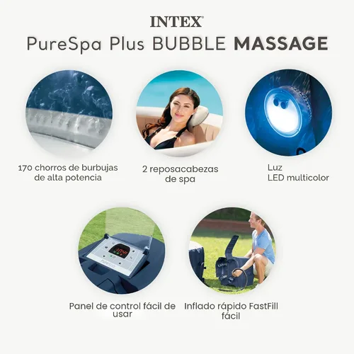 Miniatura 3 de INTEX 28429EP PureSpa Plus Bubble Massage Spa Set - Incluye 2 reposacabezas contorneados - Luz LED - Capacidad para 4 personas - 77" x 28" Cobalto