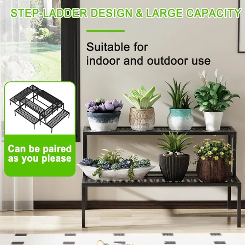 Miniatura 6 de aboxoo Soporte de metal para plantas de 2 niveles en maceta, soporte múltiple para macetas, estante para plantas de interior, múltiples plantas