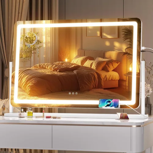 Miniatura 14 de Hasipu Espejo de tocador con luces, espejo de maquillaje LED de 24.2 x 19.7 pulgadas, espejo iluminado con aumento de 10 veces y USB, soporte