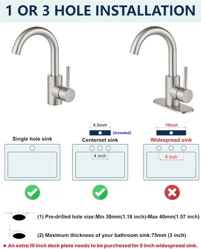 Miniatura 9 de Midanya Grifo de baño de 1 o 3 agujeros, mango único, adecuado para bar, cocina, RV, tocador, acero inoxidable 304, boquilla giratoria de cuello
