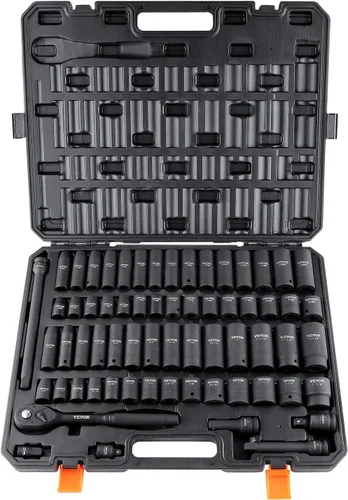 Vevor - Juego de 1/2 pulgada de llaves de impacto de 65 piezas SAE 3/8" a 1-1/4" y métrico 10-24mm, de 6 puntas, acero de aleación Cr-V para