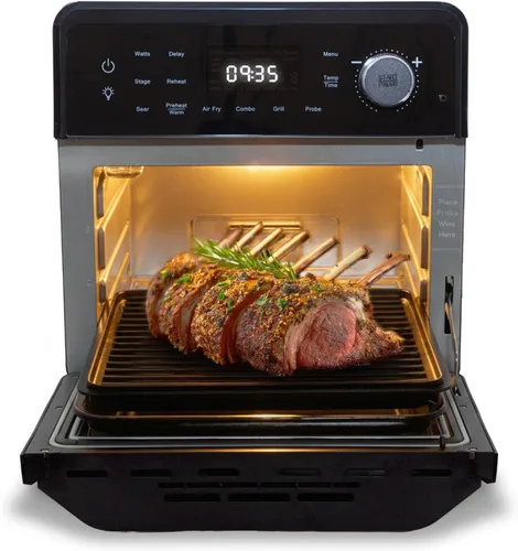 Nuwave Horno freidora de aire 2026 y peine de parrilla, placa de parrilla alimentada con enchufe para el verdadero sabor y marcas de Char, puerta de