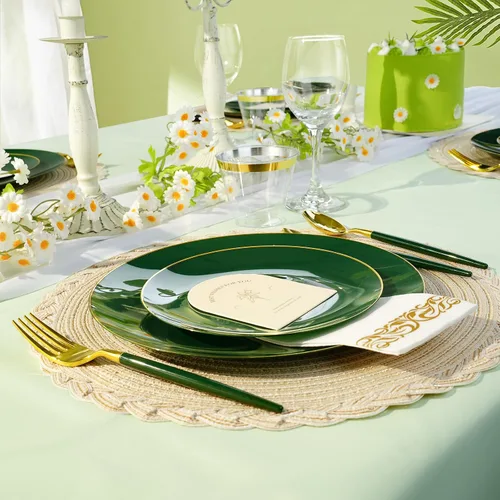Miniatura 4 de 175 Piezas Juego de Vajilla de Plástico Verde Dorado, Platos Desechables Dorados para Fiesta, Incluye 50 Platos Verdes con 75 Cubiertos de Plástico
