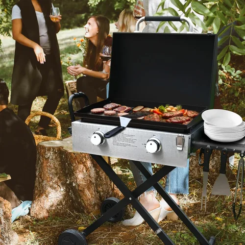 Miniatura 8 de Plancha de gas propano portátil flexible de 30 pulgadas con tapa, 2 quemadores de 30,000 BTU, parrilla grande de 30 pulgadas con estante