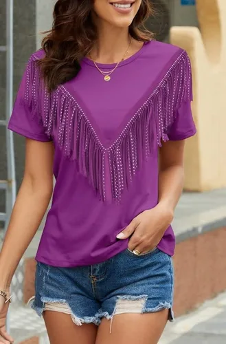 Miniatura 3 de PESION Camisas de manga corta con flecos para mujer, blusa con ribete de borlas