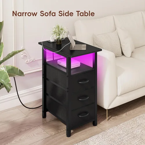 Miniatura 8 de Vagusicc Mesita de noche negra con estación de carga y luces LED, mesa auxiliar estrecha, mesita de noche LED con 3 cajones de tela para dormitorio