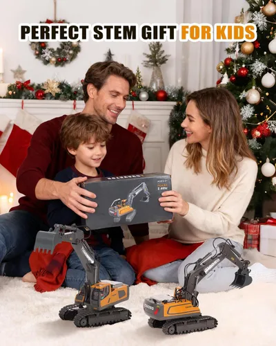 Miniatura 7 de HuiJuKeJi Juguete de excavadora de control remoto de 11 canales, vehículo de construcción RC recargable de 2.4 GHz para niños, rotación de 680°