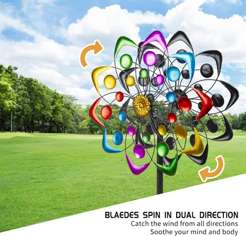 Miniatura 2 de Viveta Kinetic - Molino de viento metálico de 59 pulgadas para jardín, escultura de viento doble con estaca estable, multicolor D-multicolor-1