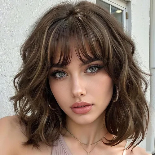 Miniatura 33 de AISI HAIR Peluca Bob Sintética Rizada y Ondulada Marrón Natural con Flequillo para Mujeres, 21-23 Pulgadas Marrón oscuro