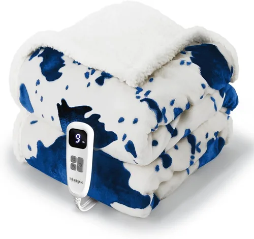 Miniatura 9 de Manta térmica con estampado de vaca, manta eléctrica, manta térmica con 10 niveles de calor y 10 horas de apagado automático, acogedora y suave