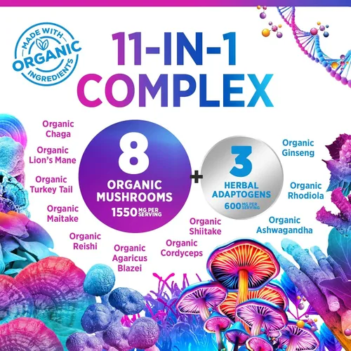 Miniatura 3 de Suplemento en polvo de hongos – Mezcla 11 en 1 – Melena de león orgánica, Reishi, Cordyceps, Chaga, polvo de extracto de hongo de cola de pavo