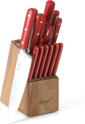Miniatura 9 de Martha Stewart Eastwalk Juego de 14 cuchillos de acero inoxidable de alto carbono con mango forjado remachado triple de ABS, bloque de madera de Gris