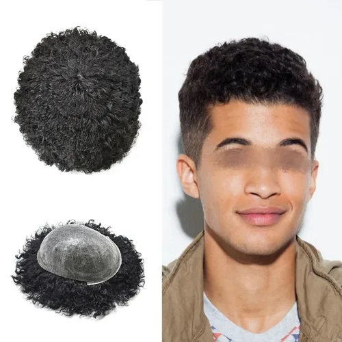 Miniatura 10 de Tupé rizado afro para hombres negros Full Poly African American Curl sistemas de cabello humano inyectado PU Coily Male Hairpieces Poly Hair