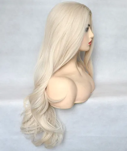 Miniatura 5 de Peluca de cabello sintético rubio platino 60# de 13 x 4 x 1 con encaje frontal en T, largo natural, resistente al calor, pelucas de repuesto