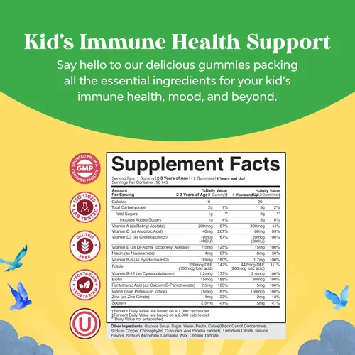 Miniatura 5 de Gomitas multivitamínicas a base de plantas para niños, multivitamínico para niños, apoyo inmunológico con vitaminas A, C, D3, E, B6 y B12, zinc