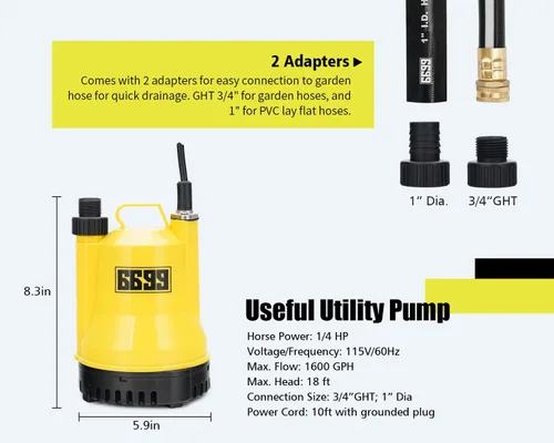 Miniatura 4 de Bomba de agua sumergible 1/4 HP 1600 GPH Bomba de agua termoplástica eléctrica portátil de transferencia con cable de 10 pies para piscina, tina