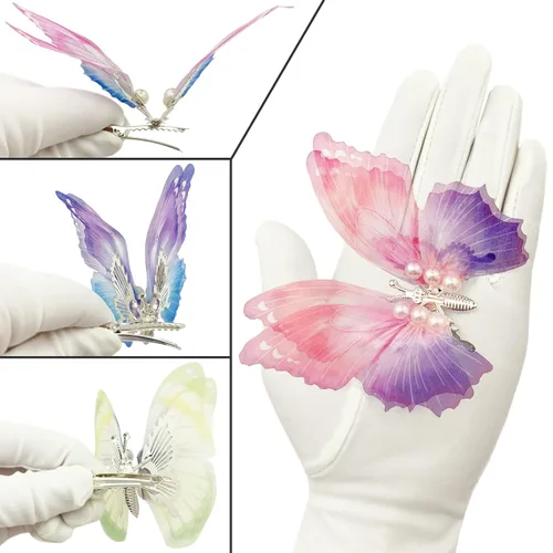 Miniatura 6 de Flying Butterfly - Pinzas para el cabello, 4 piezas grandes de organza 3D de metal plateado, alas móviles, accesorios de 4.3 pulgadas para mujeres