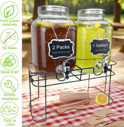 Miniatura 4 de Despachador de bebidas de vidrio de 1 galón para fiestas, paquete de 2, dispensador de jugo, limonada, té helado y agua con soporte, dispensadores