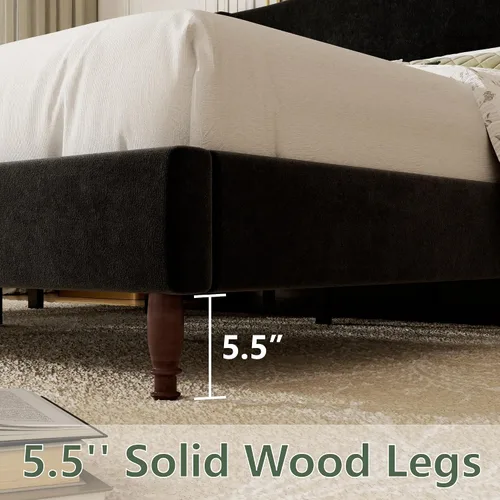 Miniatura 6 de Base de cama tapizada tamaño Queen, cabecera de tela de felpilla de 51 pulgadas de alto con diseño clásico de respaldo curvado de alas, patas