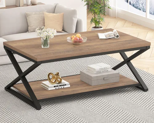 Miniatura 15 de HSH Mesa de sala de estar de madera de metal minimalista moderna negra con estante de almacenamiento, mesa central rectangular de 39 pulgadas y 2