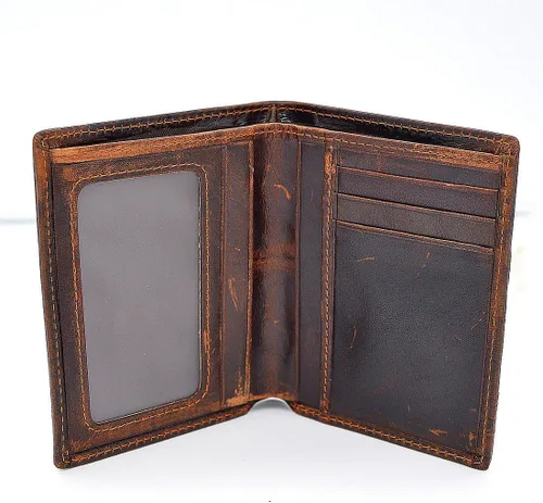 Miniatura 3 de Cartera de cuero genuino marrón para hombre con tarjetero de crédito patrón de dragón M, Estilo vertical, Funda tipo cartera para tarjetas