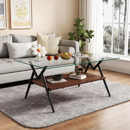 Miniatura 15 de Mesa de centro moderna rectangular con tapa de vidrio templado con estante de madera para el hogar, sala de estar, oficina, tienda o dormitorio