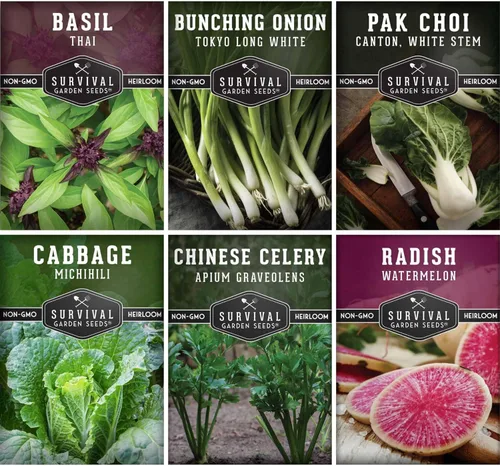 Survival Garden Seeds - Bóveda de semillas asiáticas de recolección de verduras para plantar - Albahaca tailandesa, repollo napa, cantón pak choi,
