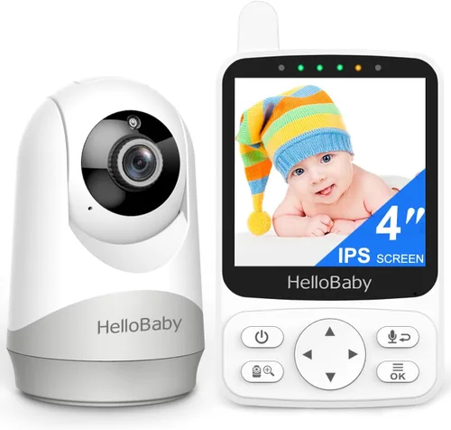 HelloBaby Monitor de bebé sin WiFi con visión nocturna activada por voz, cámara IPS de 4 pulgadas y audio, conversación de 2 vías y PTZ, batería de