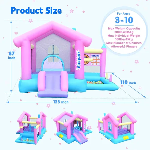Miniatura 2 de Casa inflable para saltar para niños de 3 a 10 años, castillo hinchable de 123" L x 110", para saltar, con tobogán, aro de baloncesto, fosos