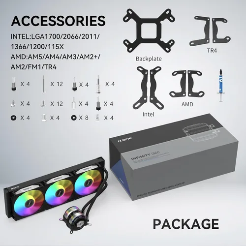 Miniatura 7 de ALSEYE Infinity i360 Sistema de refrigeración de agua – Radiador de 14.173 in, bombas LED duales, pantalla de temperatura, ventiladores ARGB y PWM