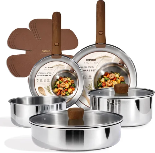 CAROTE Juego de 13 utensilios de cocina de acero inoxidable de tres capas con mango desmontable, juego de ollas y sartenes, juegos de cocina de