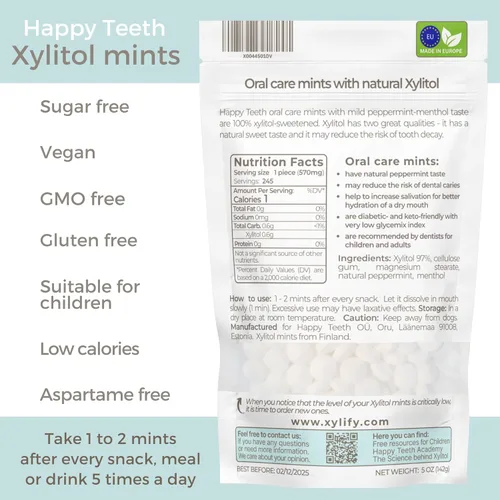Miniatura 2 de Mentas de xilitol para el cuidado bucal: sabor a menta, 100% endulzado con xilitol, mentas sin azúcar, mentas dentales Happy Teeth de Finlandia, 5