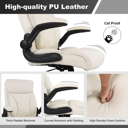 Miniatura 4 de Youhauchair Silla de oficina ejecutiva, silla ergonómica de piel sintética para computadora con soporte lumbar, reposabrazos abatibles y altura Beige
