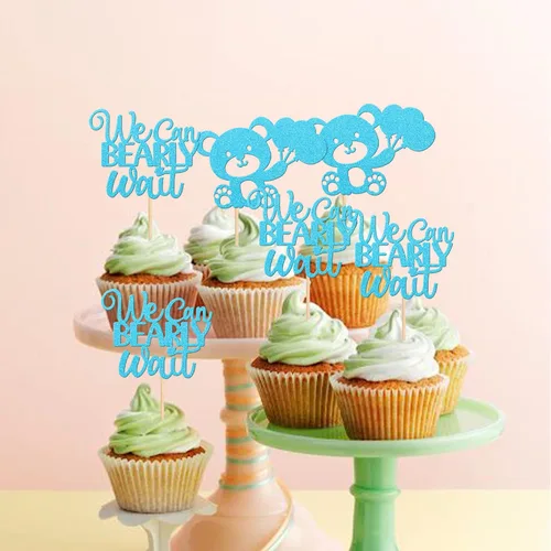 Miniatura 6 de 24 PIEZAS Oso de Peluche con Texto "We Can Bearly Wait" Adornos de Cupcake con Purpurina, Globo Oso para Revelación de Género, Adornos de Baby
