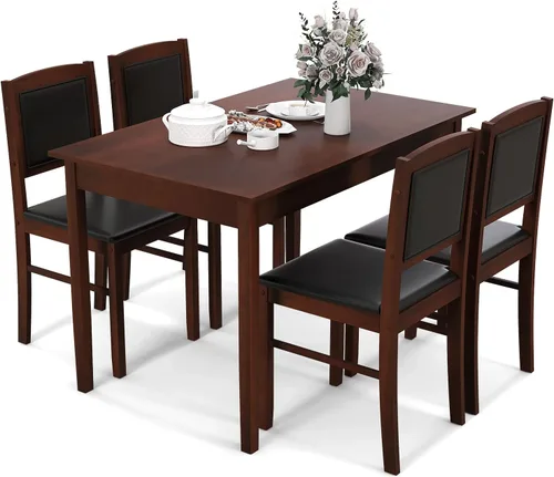 Miniatura 11 de Tangkula - Juego de mesa de comedor para 4, juego de comedor de madera maciza estilo granja con patas de madera de goma, asiento tapizado y respaldo