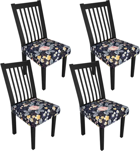 Miniatura 139 de Juego de 4 fundas elásticas para sillas de comedor, fundas para sillas de comedor con estampado floral, fundas para asientos de sillas con estampado
