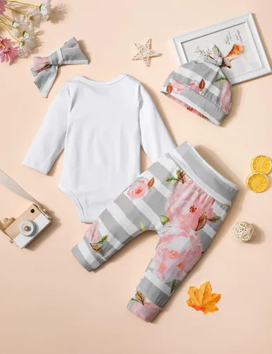 Miniatura 5 de KANGKANG Ropa de bebé recién nacida Hi I'm New Here, traje para recién nacido, mameluco para bebé, pantalones florales, lindos trajes de bebé niña
