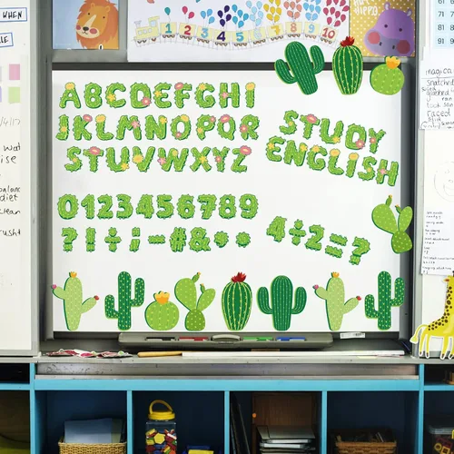 Miniatura 7 de Whaline 110 piezas de cactus para decoración de aula, letras del alfabeto de cactus, números del alfabeto, símbolos de recortes de letras de cactus