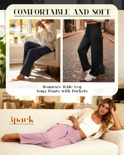Miniatura 2 de Neer - Conjunto de 3 pantalones de yoga de pierna ancha para mujer - Pantalones deportivos cómodos, holgados, de cintura alta y casuales